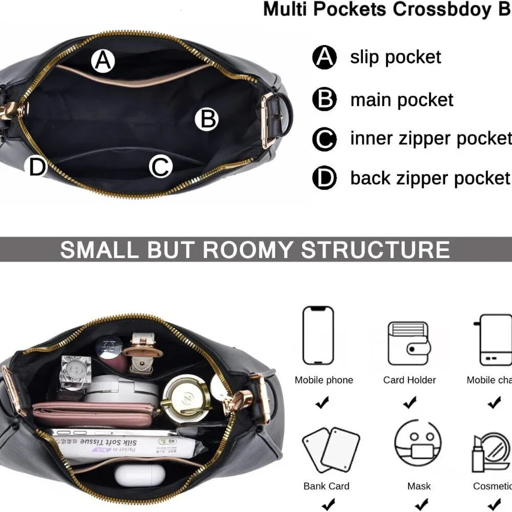 Women Small Faux Leather Crescent Shoulder Bag Hobo Clutch Crossbody Purse